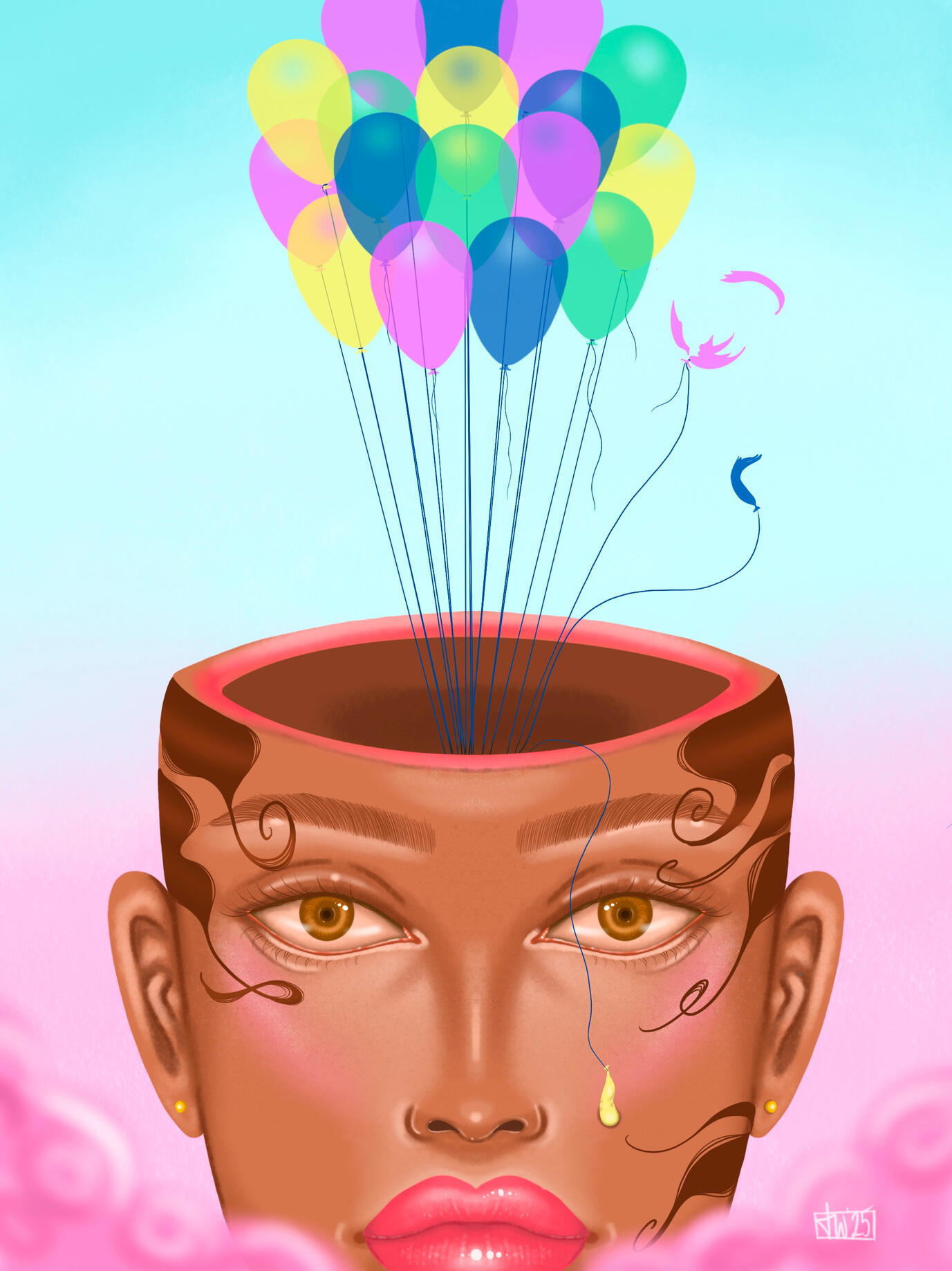 “Fleeting” by Taylor Williams Digital illustration of a head in the cloud with balloons floating out of her cranium.
