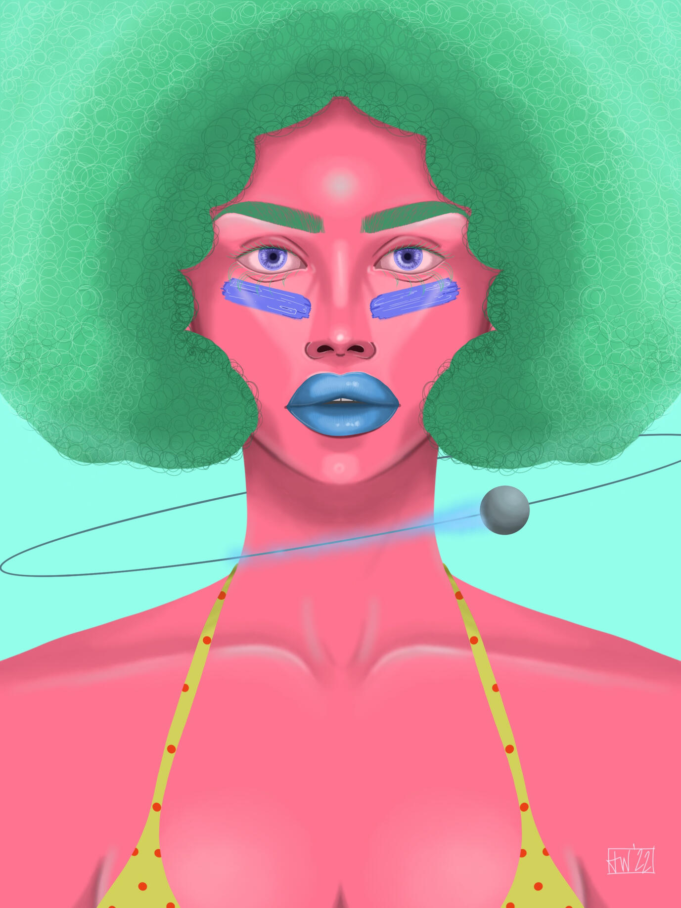“Alien Babe” by Taylor Williams Digital Illustration of a girl with pink skin and a big green Afro by Taylor Williams