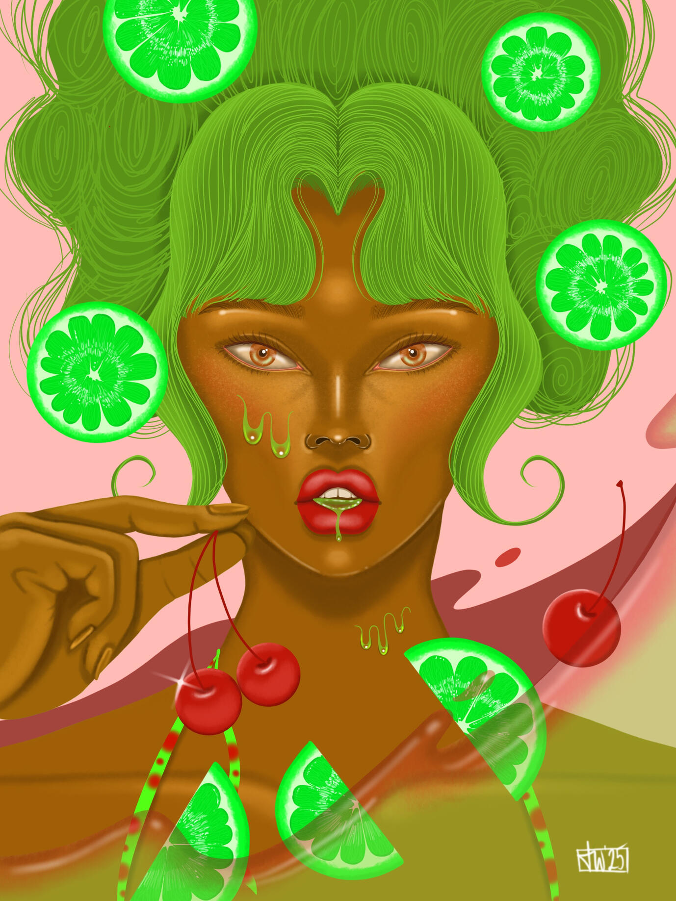 “Cherry Limeade” by Taylor Williams Digital Illustration of a green-haired girl with lemon slices in her hair and holding cherries, surrounded by flavored juice by Taylor Williams.