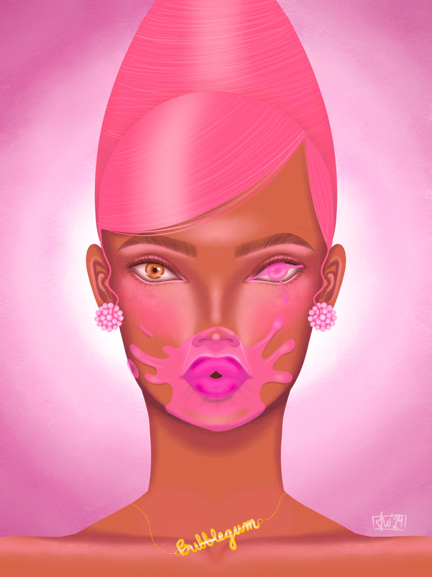 “Bubblegum” by Taylor Williams Digital illustration of a pink-haired girl with bubblegum stuck to her face and in her eye by Taylor Williams.