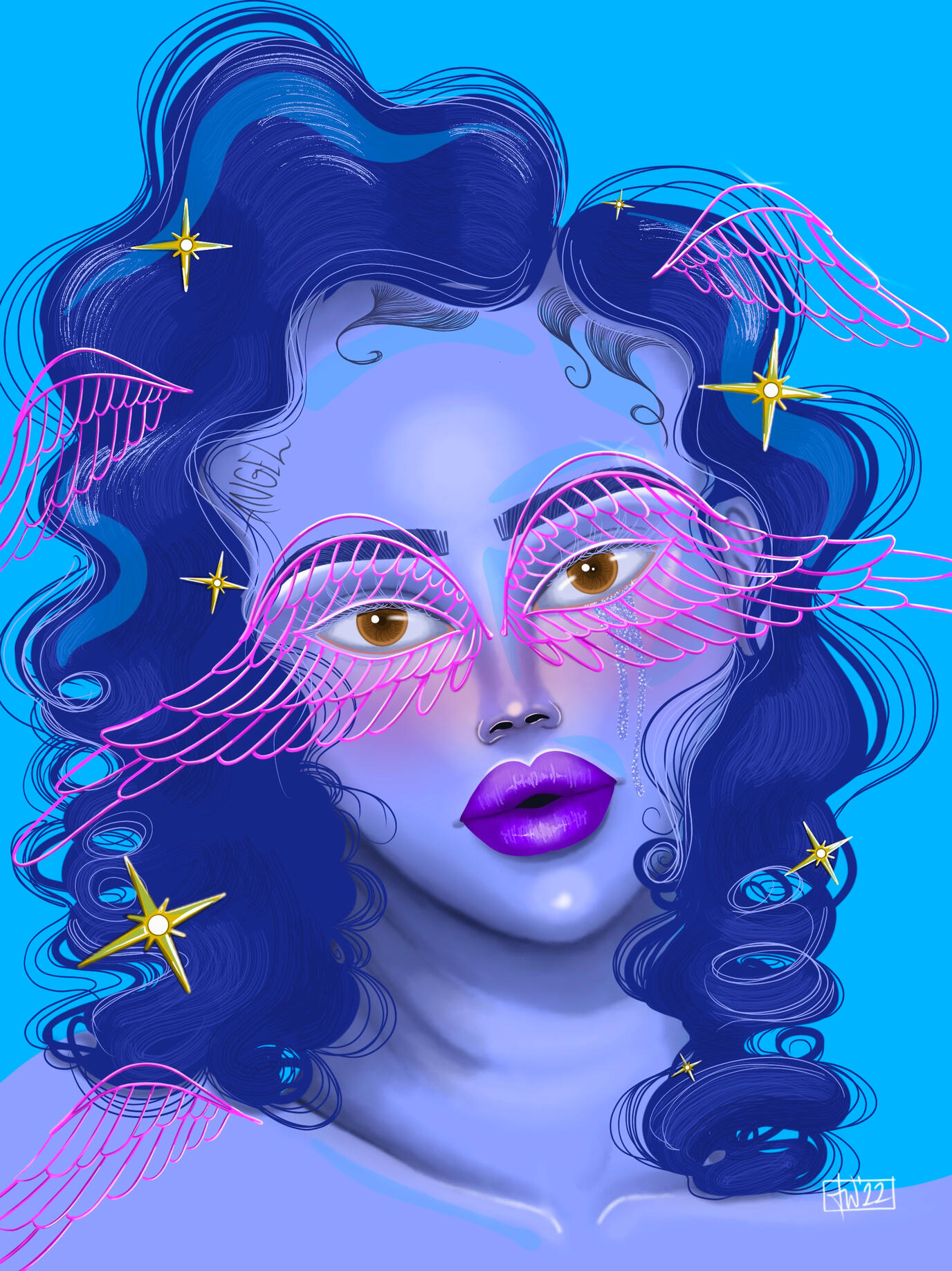 Angel Face Digital illustration of a girl with blue skin and pink, lined angel wings resting on her face by Taylor Williams.
