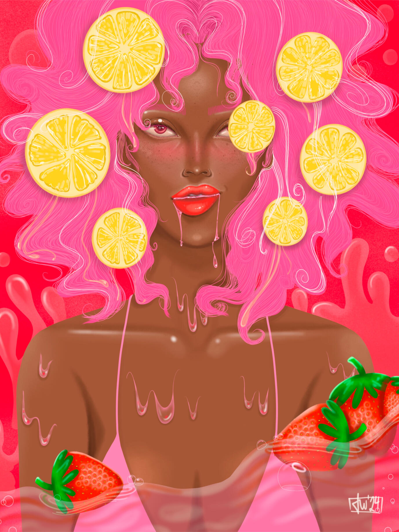 “Strawberry Lemonade” by Taylor Williams Digital illustration of the pink-haired girl with lemon slices in her hair and strawberries floating in the juice she is submerged in.