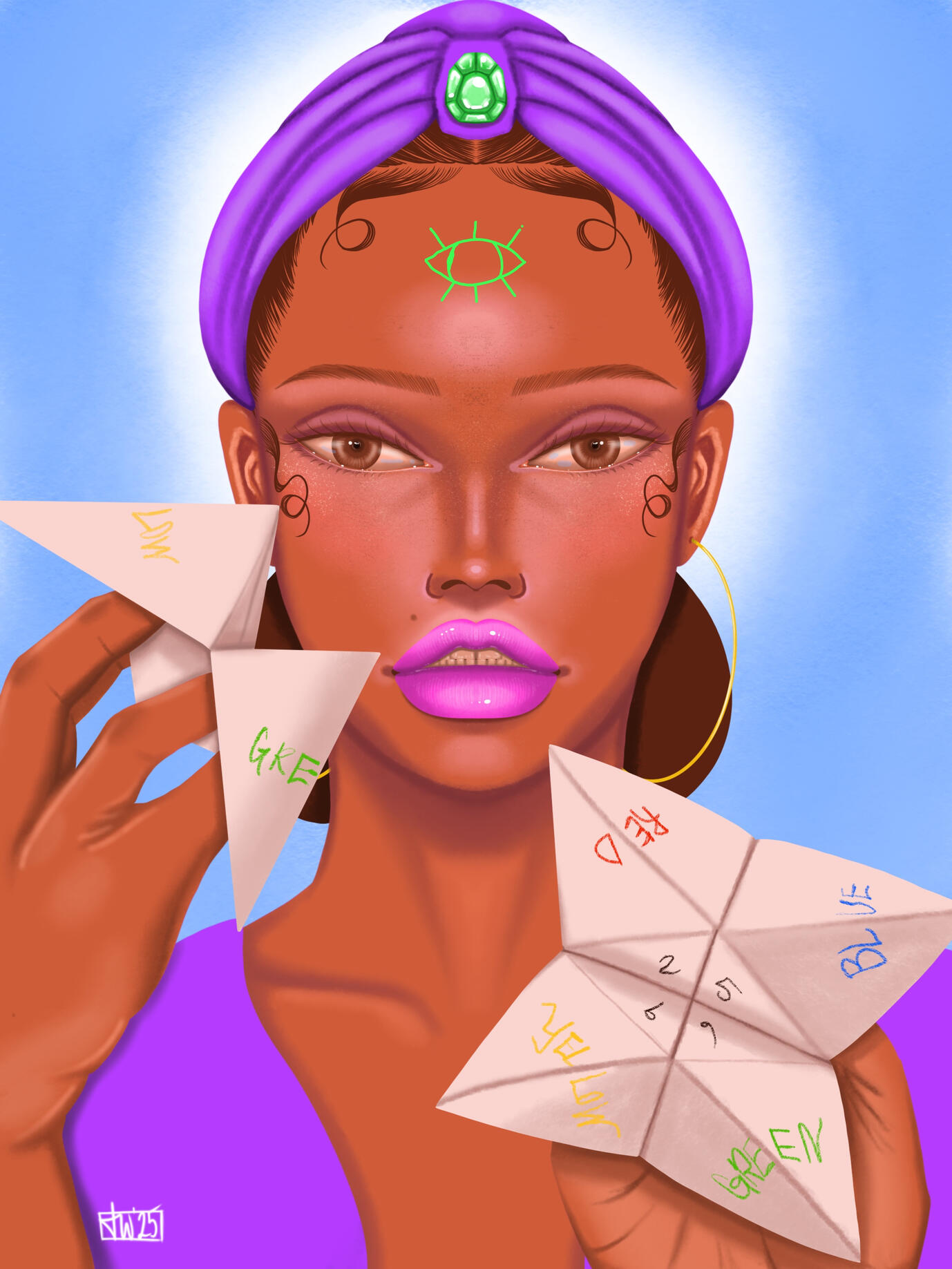 “Let’s Ask the Fortune Teller” by Taylor Williams Portrait style digital illustration of a girl holding two paper fortune tellers while dressed a fortune teller with a sloppily drawn green eye on her forehead.